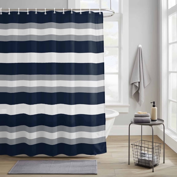 Bathroom Shower Curtain Navy Blue Grey Stripe Waterproof Shower Curtains with Hooks, Modern Minimalist Contrast Lines Bath Curtains Bathtub Curtain Home Decor 36x72in