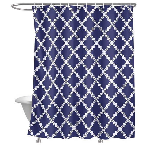 Bathroom Shower Curtain Navy Blue Pattern Retro Morocco Waterproof Shower Curtains with Hooks, Abstract Geometric