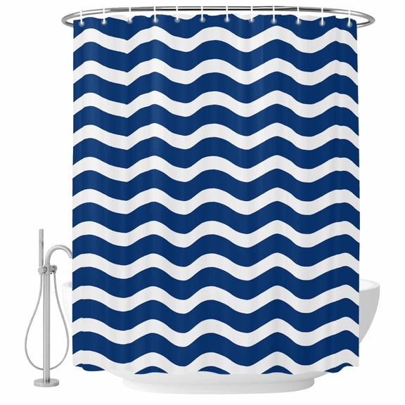 Bathroom Shower Curtain Navy Blue White Water Ripple Waterproof Shower Curtains with Hooks, Nautical Ocean Wave Stripe Bath Curtains Bathtub Curtain Home Decor 60x72in