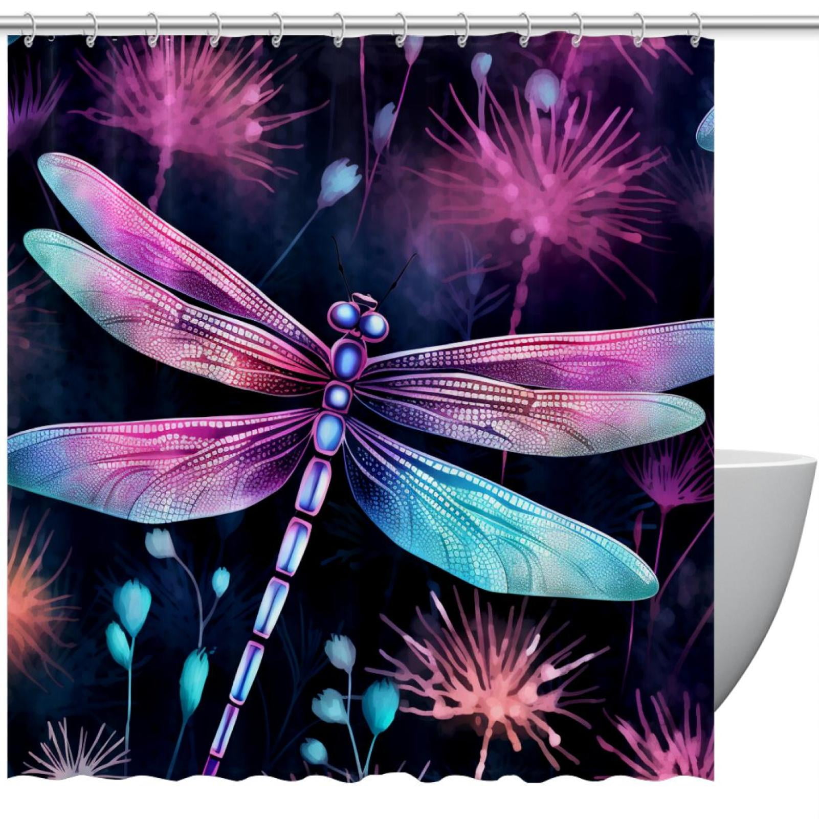 Bathroom Shower Curtain Neon Dragonfly, Waterproof Fabric Shower Curtain Liner with Hooks
