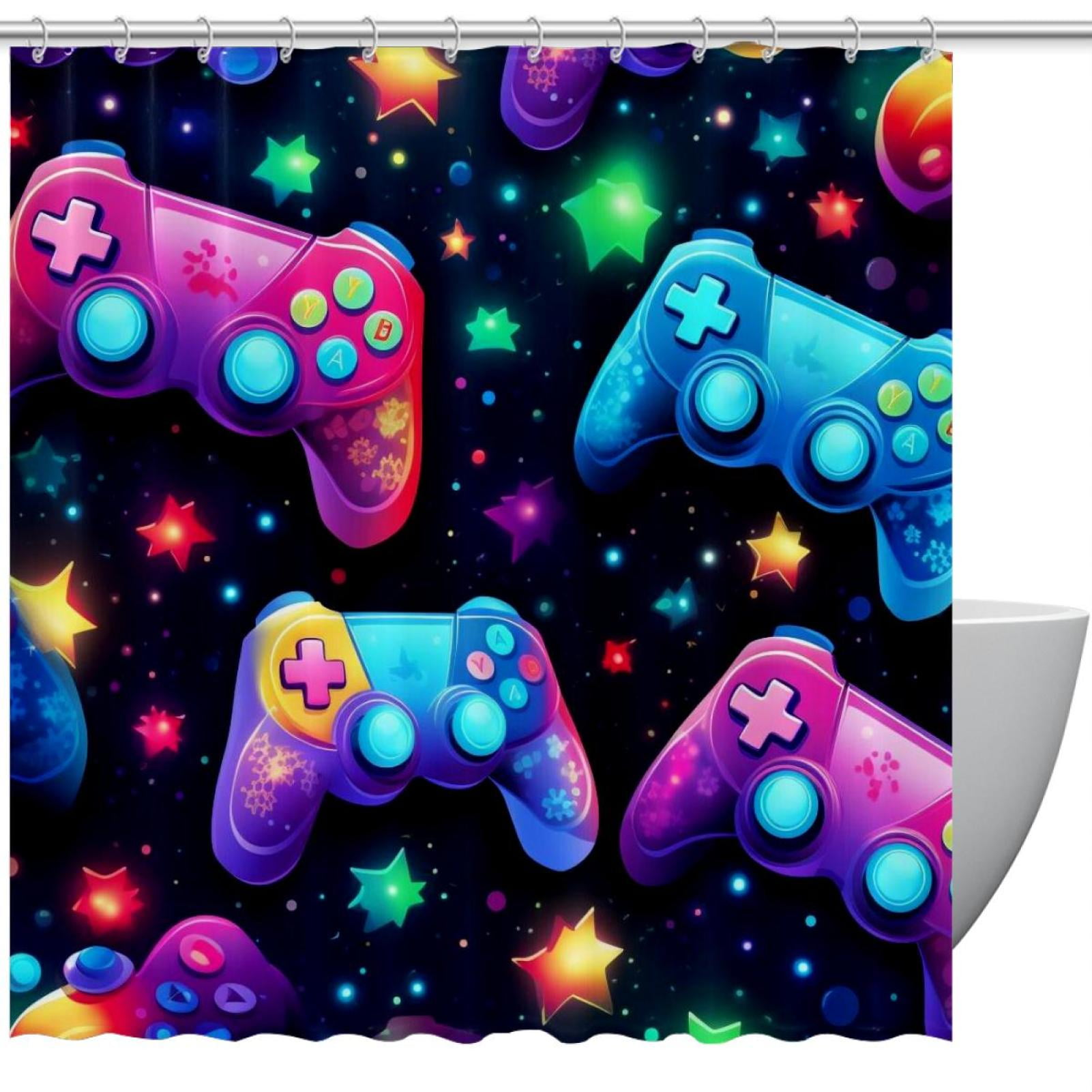 Bathroom Shower Curtain Neon Game Controller, Waterproof Fabric Shower