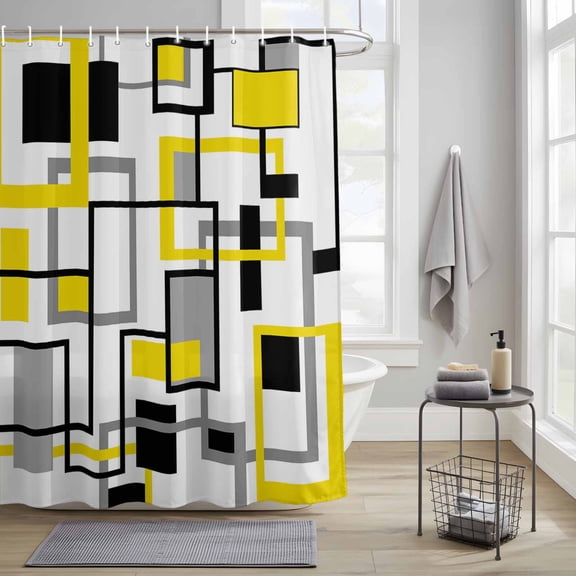Bathroom Shower Curtain Nordic Mid Century Splicing Rectangle Waterproof Shower Curtains with Hooks, Yellow Grey Black Squares Bath Curtains Bathtub Curtain Home Decor 36x72in