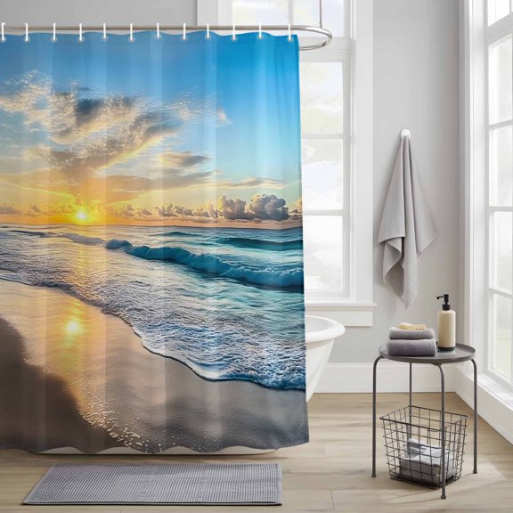 Bathroom Shower Curtain Ocean Beach Sea Spray Sunset Waterproof Shower Curtains with Hooks, Summer Vacation Blue Sky Bath Curtains Bathtub Curtain Home Decor 36x72in