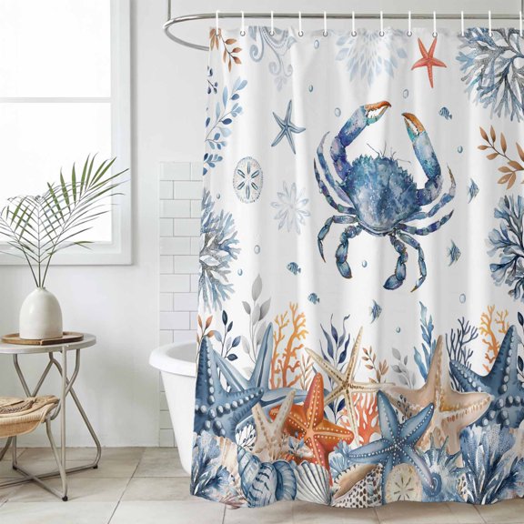 Bathroom Shower Curtain Ocean Blue Crab Coral Starfish Waterproof Shower Curtains with Hooks, Watercolor Underwater Fish Shell Bath Curtains Bathtub Curtain Home Decor 36x72in