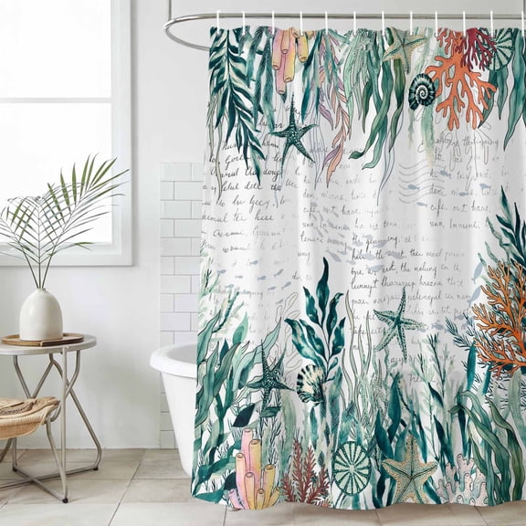 Bathroom Shower Curtain Ocean Gradient Green Seaweed Waterproof Shower Curtains with Hooks, Summer Starfish Conch Bath Curtains Bathtub Curtain Home Decor 36x72in