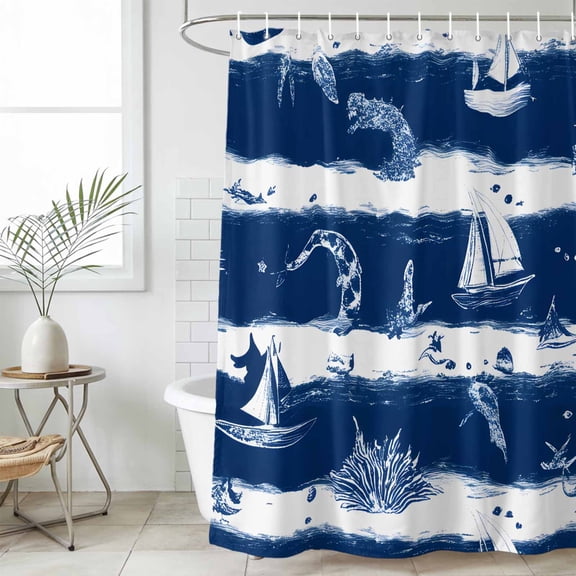 Bathroom Shower Curtain Ocean Sailboat Coral Shark Whale Fish Waterproof Shower Curtains with Hooks, Marine Theme Blue Stripe Bath Curtains Bathtub Curtain Home Decor 36x72in