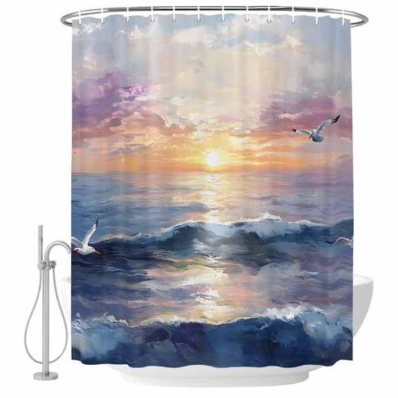 Bathroom Shower Curtain Ocean Sunset Scene Oil Painting Waterproof Shower Curtains with Hooks, Marine Beach Seagull Bath Curtains Bathtub Curtain Home Decor 60x72in