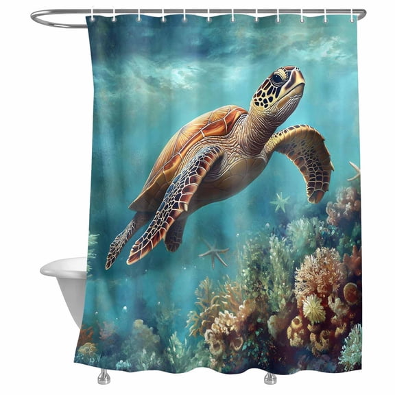 Bathroom Shower Curtain Ocean Water Coral Fish Turtle Starfish Waterproof Shower Curtains with Hooks, Nautical Marine Life Bath Curtains Bathtub Curtain Home Decor 72x72in