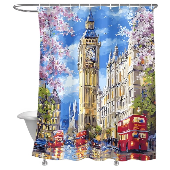 Bathroom Shower Curtain Oil Style Clock Tower Waterproof Shower ...