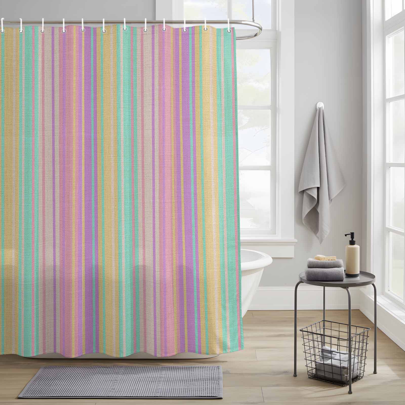 Bathroom Shower Curtain Pastel Colors Vertically Striped Waterproof