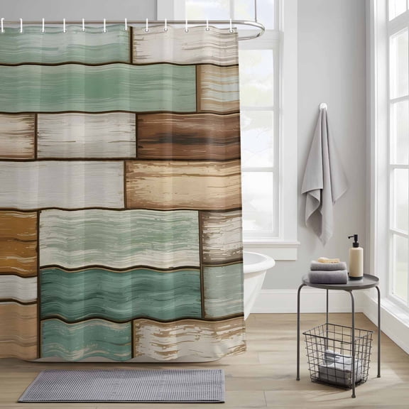 Bathroom Shower Curtain Pastoral Green Gray Brown Wooden Waterproof Shower Curtains with Hooks, American Retro Wood Board Bath Curtains Bathtub Curtain Home Decor 36x72in