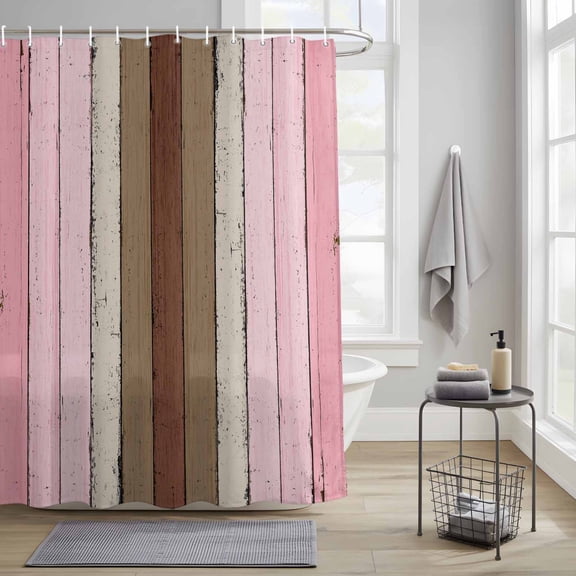 Bathroom Shower Curtain Pink Brown White Wood Board Waterproof Shower Curtains with Hooks, Vintage Geometric Stripes Bath Curtains Bathtub Curtain Home Decor 36x72in