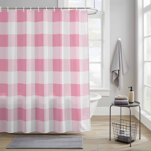 Bathroom Shower Curtain Pink Gradient Buffalo Check Waterproof Shower Curtains with Hooks, Modern Geometric Grid Bath Curtains Bathtub Curtain Home Decor 36x72in