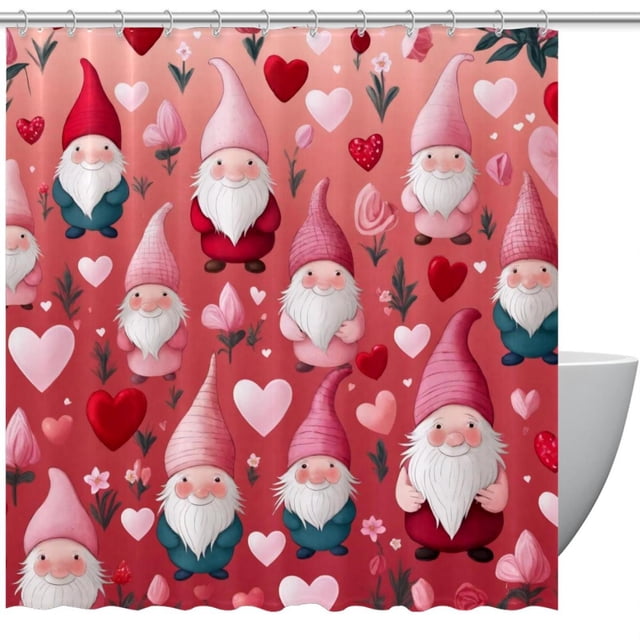 Bathroom Shower Curtain Pink Hearts Gnomes, Waterproof Fabric Shower