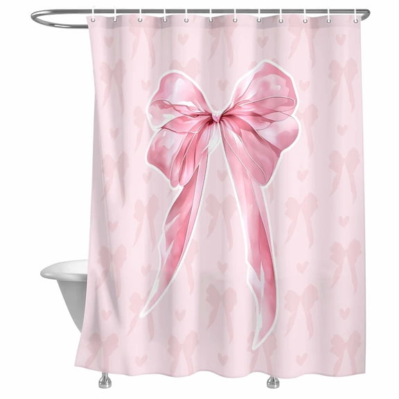 Bathroom Shower Curtain Pink Ribbon Bow Waterproof Shower Curtains with Hooks, Bowknot Love Heart Back Bath Curtains Bathtub Curtain Home Decor 72x72in