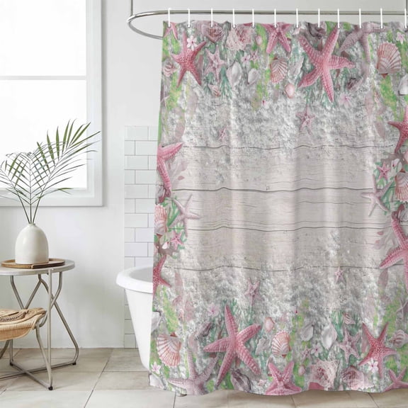 Bathroom Shower Curtain Pink Starfish Summer Beach Shell Waterproof Shower Curtains with Hooks, Country Wooden Plank Bath Curtains Bathtub Curtain Home Decor 36x72in