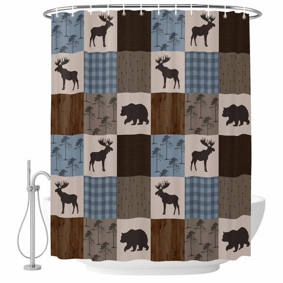 Bathroom Shower Curtain Retro Deer Bear Plaid Check Waterproof Shower Curtains with Hooks, Abstract Patchwork Pattern Bath Curtains Bathtub Curtain Home Decor 60x72in