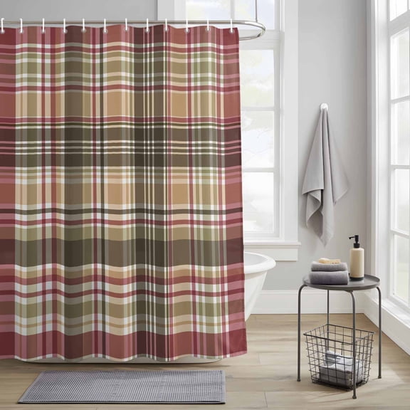 Bathroom Shower Curtain Retro Farmhouse Checkered Plaid Waterproof Shower Curtains with Hooks, Abstract Lattice Stripe Bath Curtains Bathtub Curtain Home Decor 36x72in