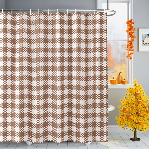 Bathroom Shower Curtain Retro Geometric Buffalo Tartan Waterproof Shower Curtains with Hooks 36x72in, Chic Plaid Khaki White Bath Curtains Bathtub Curtain Home Decor