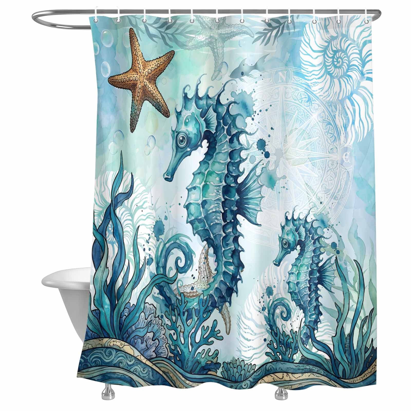 Bathroom Shower Curtain Retro Watercolor Marine Seahorse Waterproof ...