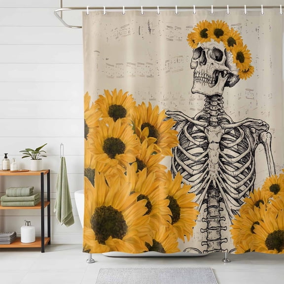 Bathroom Shower Curtain Retro Watercolor Sunflowers Skeletons Waterproof Shower Curtains with Hooks, Abstract Art Bath Curtains Bathtub Curtain Home Decor 48x72in