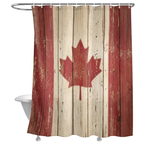 Bathroom Shower Curtain Retro Wooden Stripes Maple Leafs Waterproof Shower Curtains with Hooks, Country Red Brown Plank