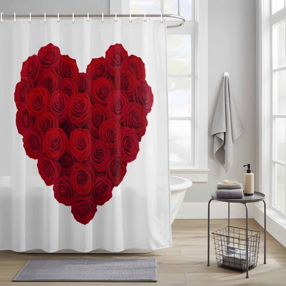 Bathroom Shower Curtain Romantic Heart Shaped Floral Red Roses Waterproof Shower Curtains with Hooks, Valentine's Day Bath Curtains Bathtub Curtain Home Decor 36x72in