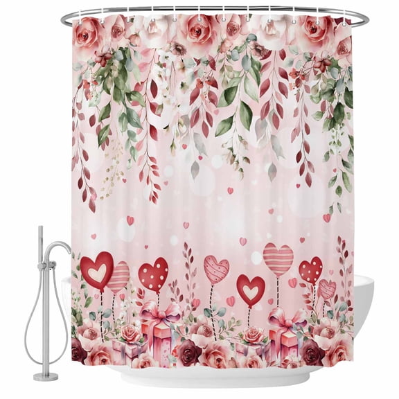 Bathroom Shower Curtain Romantic Valentine's Day Floral Waterproof Shower Curtains with Hooks, Love Heart Rose Leaf Present Bath Curtains Bathtub Curtain Home Decor 60x72in
