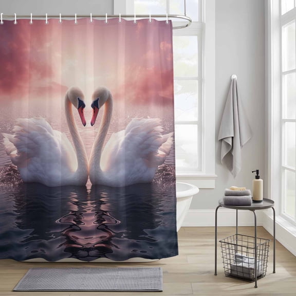 Bathroom Shower Curtain Romantic Valentines Love Heart Swans Lake Waterproof Shower Curtains with Hooks, Water Waves Bath Curtains Bathtub Curtain Home Decor 36x72in