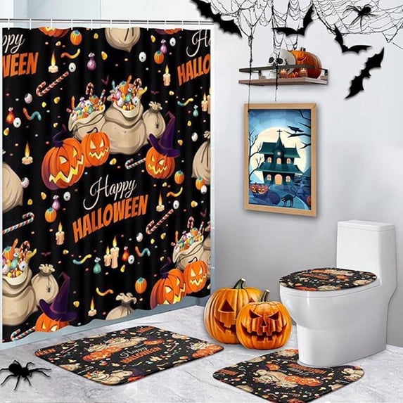 Bathroom Shower Curtain and Rug Set, Halloween Shower Curtain Set, Cute Halloween Decor, Halloween Pumpkin Decor, 4-Piece with 180"X180" Halloween Printed Shower Curtain, Toilet