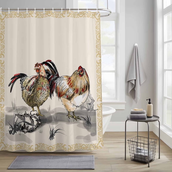 Bathroom Shower Curtain Rural Ink Art Farm Chicken Animals Waterproof Shower Curtains with Hooks, Golden Flowers Texture Border Bath Curtains Bathtub Curtain Home Decor 36x72in