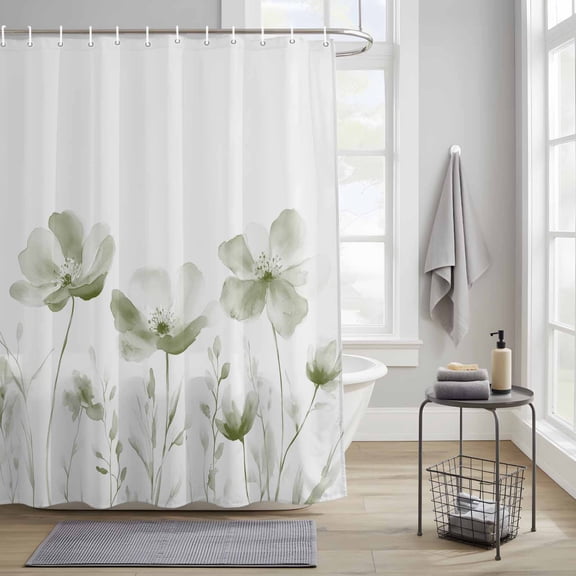 Bathroom Shower Curtain Sage Green Flower on White Waterproof Shower Curtains with Hooks, Still Life Floral Bath Curtains Bathtub Curtain Home Decor 36x72in