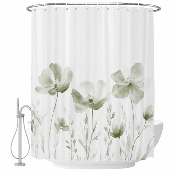 Bathroom Shower Curtain Sage Green Flower on White Waterproof Shower Curtains with Hooks, Still Life Floral Bath Curtains Bathtub Curtain Home Decor 60x72in