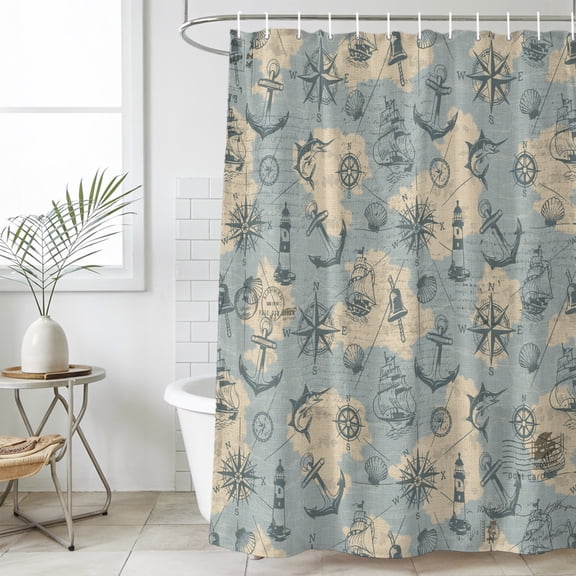 Bathroom Shower Curtain Sailing Anchor Compass Lighthouse Waterproof Shower Curtains with Hooks, Retro Fish on Map Bath Curtains Bathtub Curtain Home Decor 36x72in