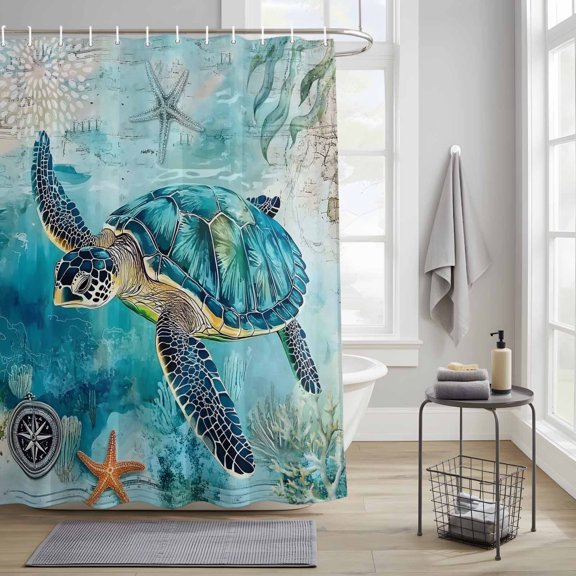 Bathroom Shower Curtain Sea ​​turtle Starfish Compass Waterproof Shower Curtains with Hooks, Blue Ocean World Bath Curtains Bathtub Curtain Home Decor 36x72in