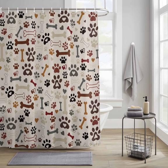 Bathroom Shower Curtain Seamless Dog Paw Bone Texture Waterproof Shower Curtains with Hooks, Pet Claw Love Heart on Khaki Bath Curtains Bathtub Curtain Home Decor 36x72in