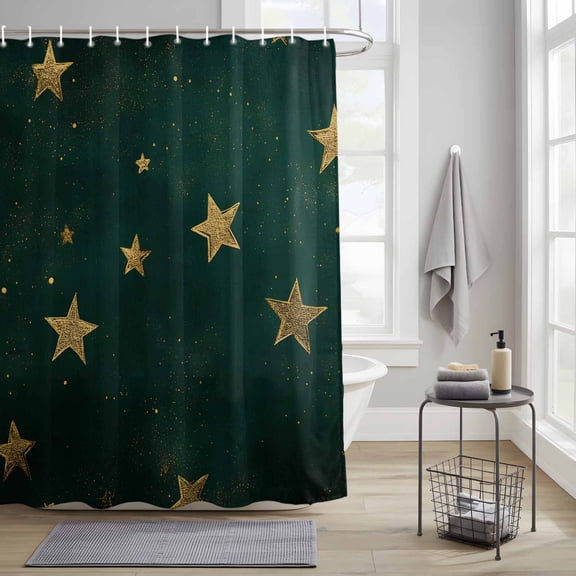 Bathroom Shower Curtain Seamless Gold Star on Hunter Green Waterproof Shower Curtains with Hooks, Dream Starry Sky Bath Curtains Bathtub Curtain Home Decor 36x72in