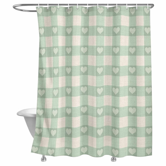 Bathroom Shower Curtain Seamless Love Heart Green Checker Waterproof Shower Curtains with Hooks, Stripe Plaid on Farm Linen Bath Curtains Bathtub Curtain Home Decor 72x72in