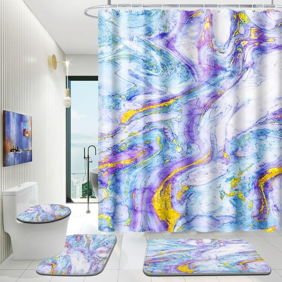 Bathroom Shower Curtain Set with Rugs, 4 Piece Light Purple Marble Bath Set with Shower Curtain Set and 12 Hooks, Soft Non-Slip Bath Mat, Toilet U-Shaped Floor Mat and Toilet Lid Cover Mat
