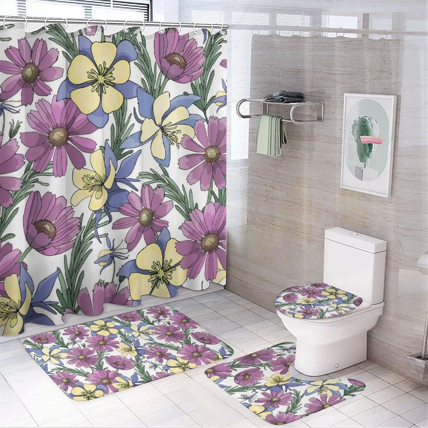 Bathroom Shower Curtain Sets 4 Piece Sets, Purple Chamomile Wildflower ...
