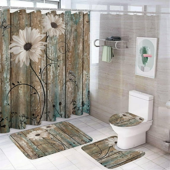 Bathroom Shower Curtain Sets with Rug, Wood and Maple Leaves Pattern Printed on Bathroom Curtain Sets with Rugs, Great for Master Bath Beach House Modern Home, 72 x 72 inches