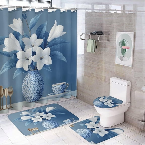 Bathroom Shower Curtain Sets with Rugs, Blue Leaves Pattern Printed on Shower Curtain and Liner Set, Ideal for Bathroom Apartment RV College Dorm, 72 x 72 inches