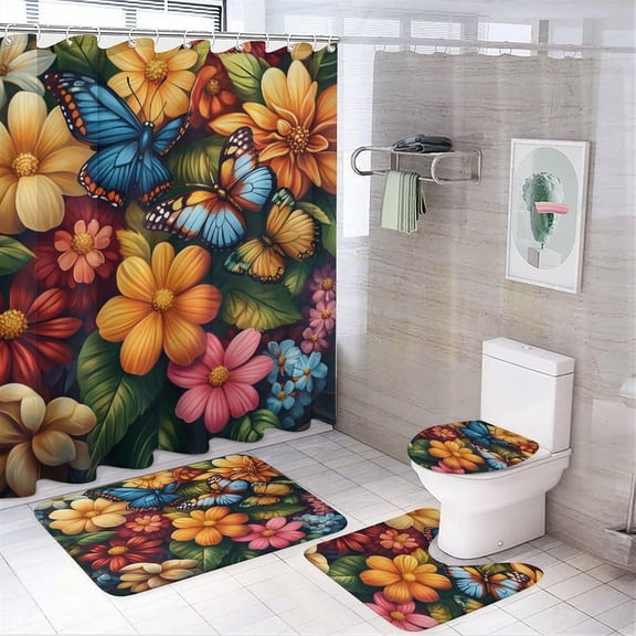 Bathroom Shower Curtain Sets with Rugs, Blue Leaves Pattern Printed on Shower Curtain and Liner Set, Ideal for Bathroom Apartment RV College Dorm, 72 x 72 inches