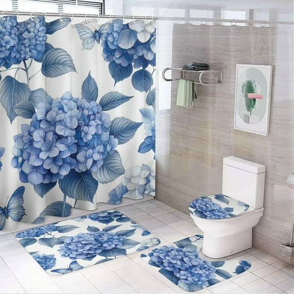 Bathroom Shower Curtain Sets with Rugs, Blue Leaves Pattern Printed on Shower Curtain and Liner Set, Ideal for Bathroom Apartment RV College Dorm, 72 x 72 inches