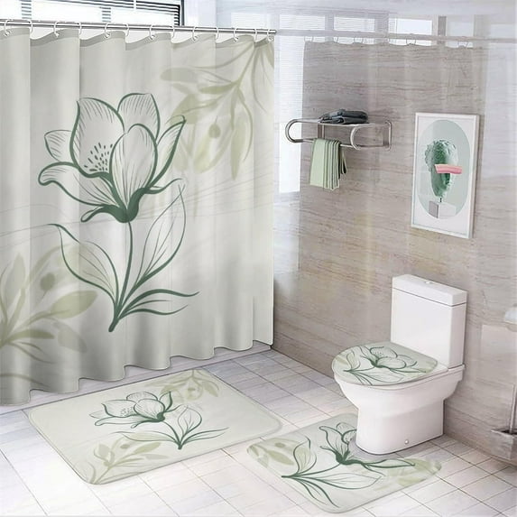 Bathroom Shower Curtain Sets with Rugs, Elegant Leaf Pattern Printed on Bath Room Accessories Sets, Suitable for Small Bathroom Gym Guest Bath, 72 x 72 inches