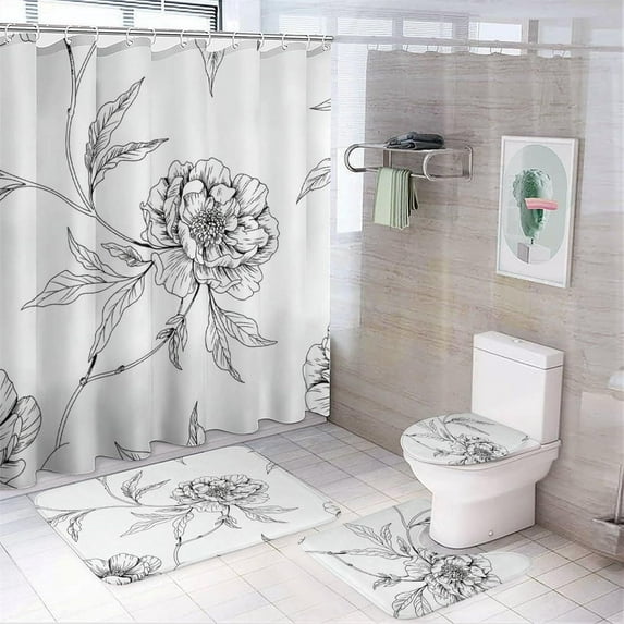 Bathroom Shower Curtain Sets with Rugs, Elegant Leaf Pattern Printed on Bath Room Accessories Sets, Suitable for Small Bathroom Gym Guest Bath, 72 x 72 inches