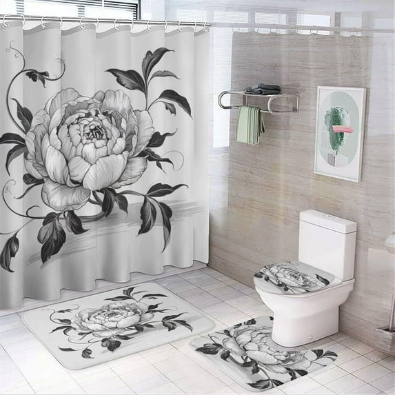 Bathroom Shower Curtain Sets with Rugs, Elegant Leaf Pattern Printed on Bath Room Accessories Sets, Suitable for Small Bathroom Gym Guest Bath, 72 x 72 inches
