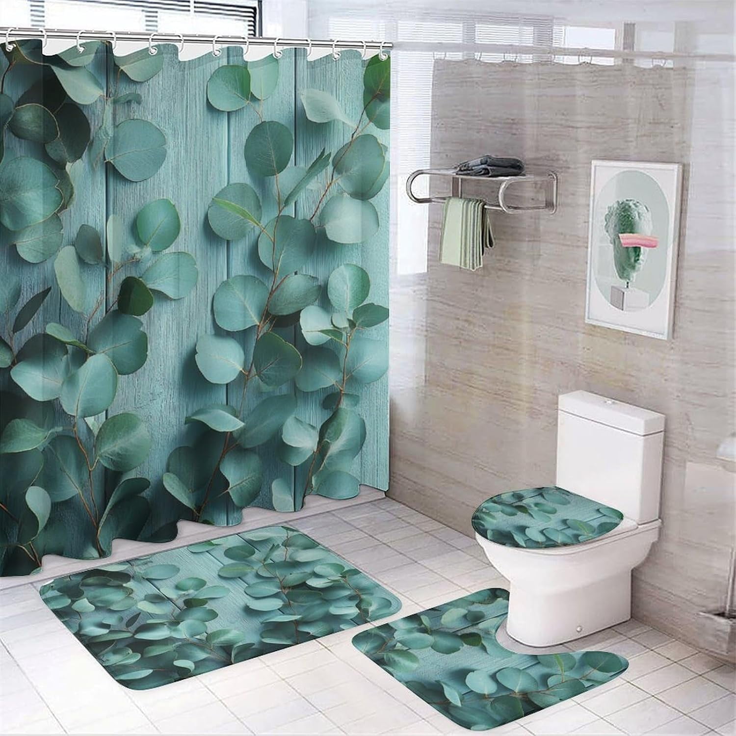 Bathroom Shower Curtain Sets with Rugs, Eucalyptus Leaves Pattern Printed on Bath Sets for Bathroom Accessories, Perfect for Bathroom Hotel Dorm Spa Home, 72 x 72 inches