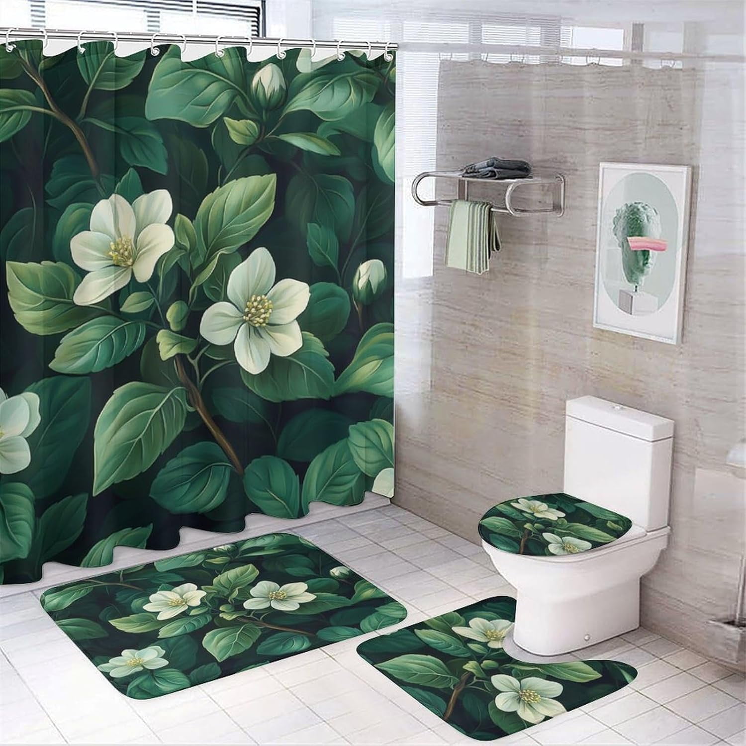 Bathroom Shower Curtain Sets with Rugs, Eucalyptus Leaves Pattern Printed on Bath Sets for Bathroom Accessories, Perfect for Bathroom Hotel Dorm Spa Home, 72 x 72 inches