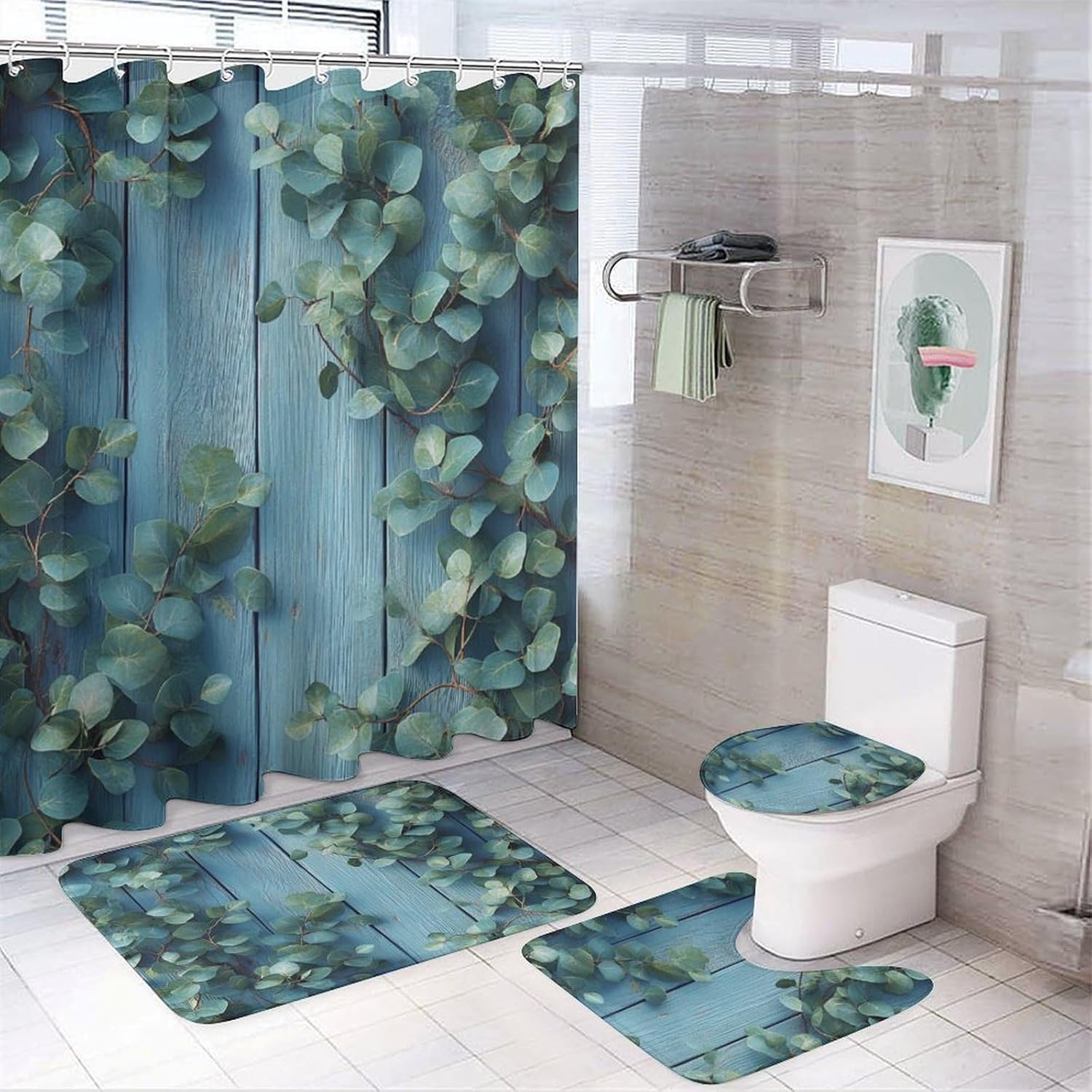 Bathroom Shower Curtain Sets with Rugs, Eucalyptus Leaves Pattern Printed on Bath Sets for Bathroom Accessories, Perfect for Bathroom Hotel Dorm Spa Home, 72 x 72 inches